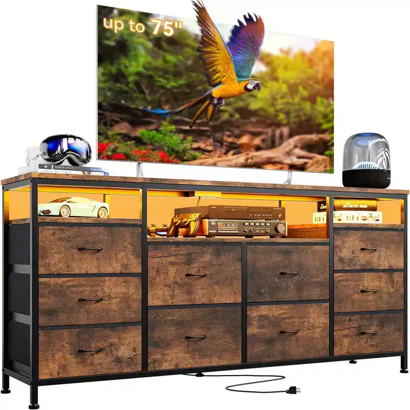 10 Drawer Dresser TV Stand for 75TV, 63 W Long Fabric Entertainment Center, Chest of Drawers Dresser for Bedroom with Led Lights & Power Outlets