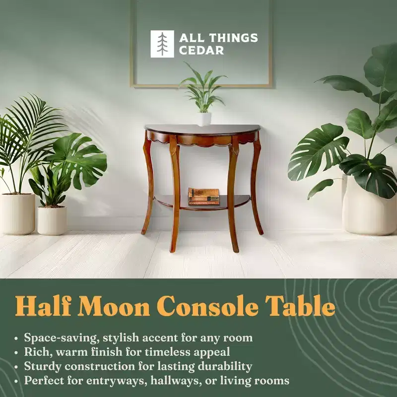 Wooden Half Moon Console Table with Lower Storage Shelf