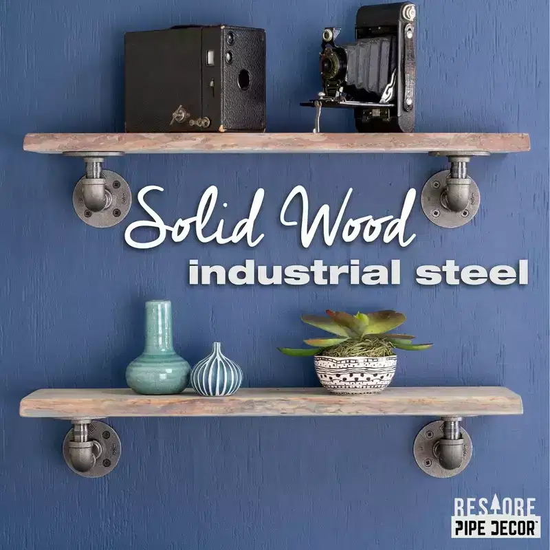 Pipe Decor 24 Riverstone Grey Live Edge Wood Shelf with L-Shaped Pipe Brackets (2-Pack)
