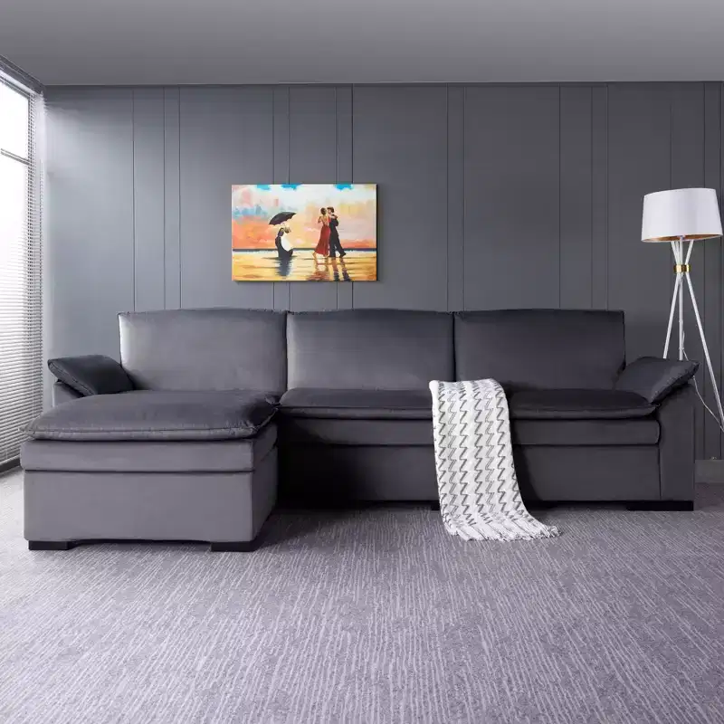 117.7 Sectional Sofa With Ottoman Dark Gray, Velvet Material Indoor Sofa.