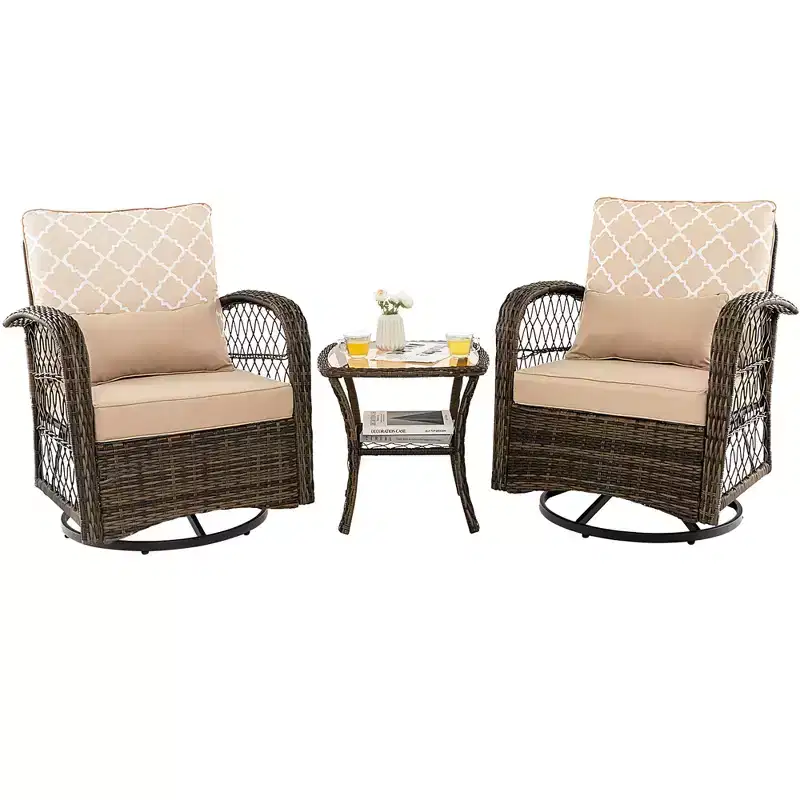 Costway Patio3PCS Wicker Swivel Rocker Set 2 Rocking Chairs 360 Degrees with Coffee Table