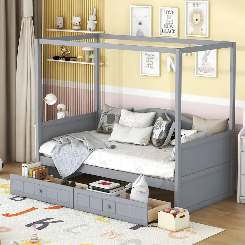 Gray / White Twin Canopy Daybed Frame with 2 Storage Drawers