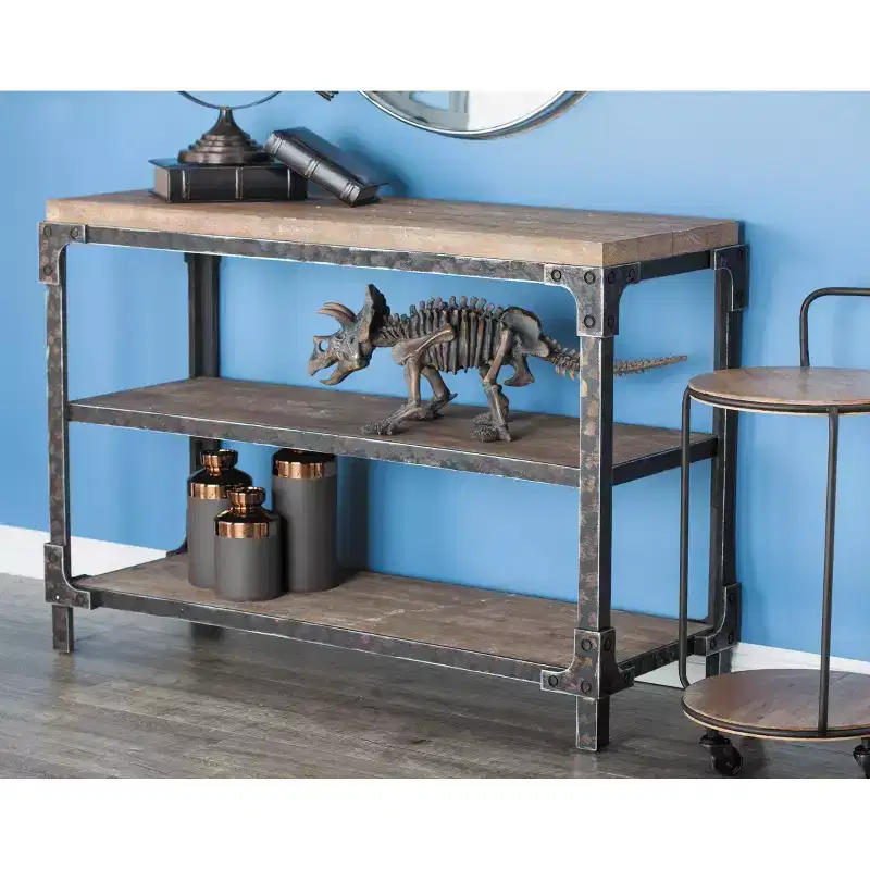 Rustic 3-Tier Console Table, Brown Industrial Style with Fixed Shelves and Wood Frame, Entryway Storage