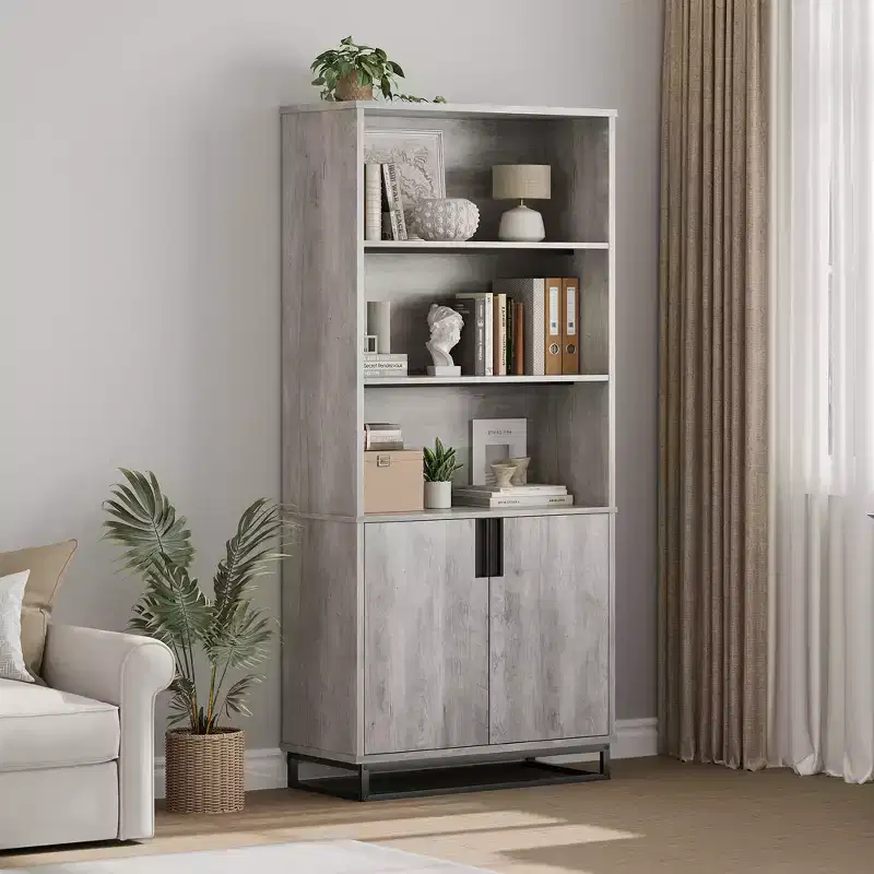 70.6-Inch 5-Tier Farmhouse Bookcase with Doors, Metal Base and Adjustable Shelf for Living Room