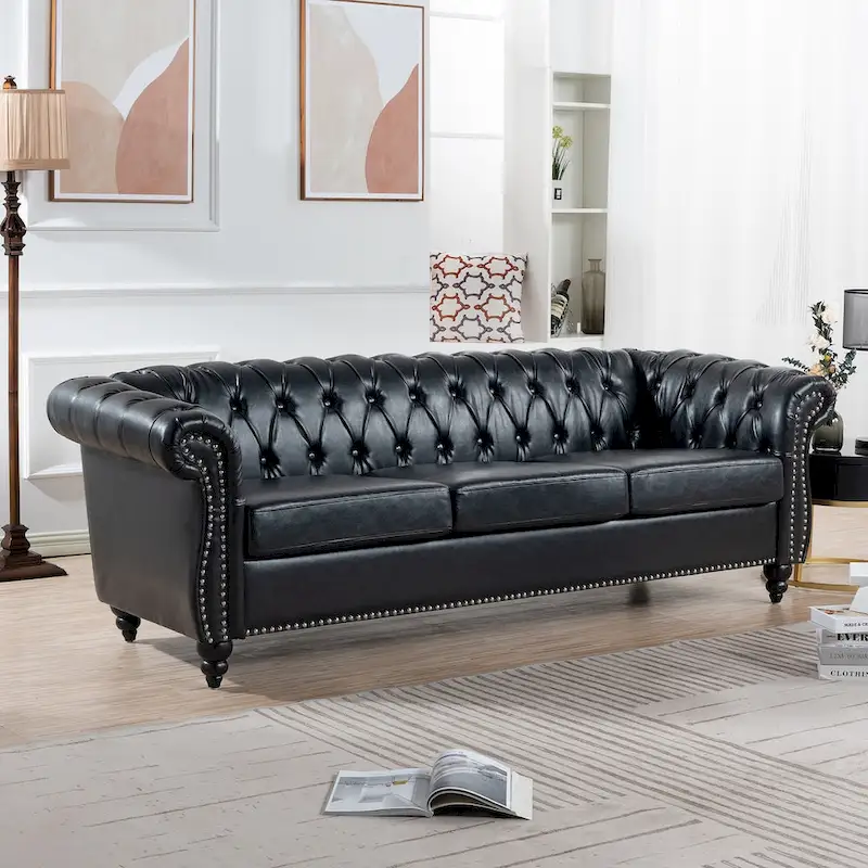 Classically Elegant 84.65 Three-Seater Rolled Arm Chesterfield Sofa in PU Leather - Sturdy Birch Legs, Soft Upholstery