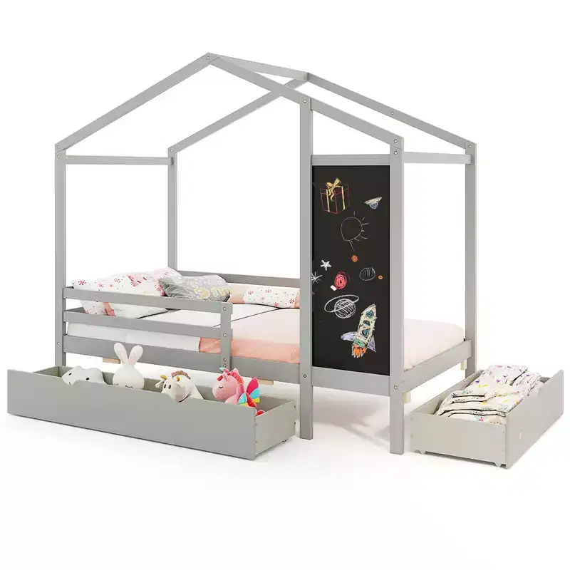 Costway Twin House Bed with 2 Storage Drawers Solid Wood Platform Bed with Blackboard White/Gray