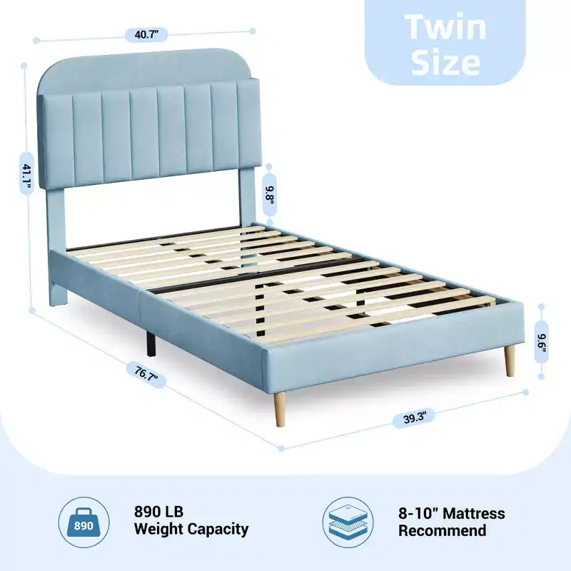 Twin Bed Frame with Storage Headboard, Velvet Upholstered Platform Bedframe for Kids, Strong Wooden Slats, Noise-Free, Light Blue