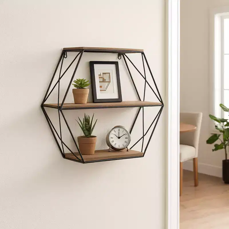 Metal Wood Floating Wall Shelves, Storage and Display, Decorative Wall Shelf Organization