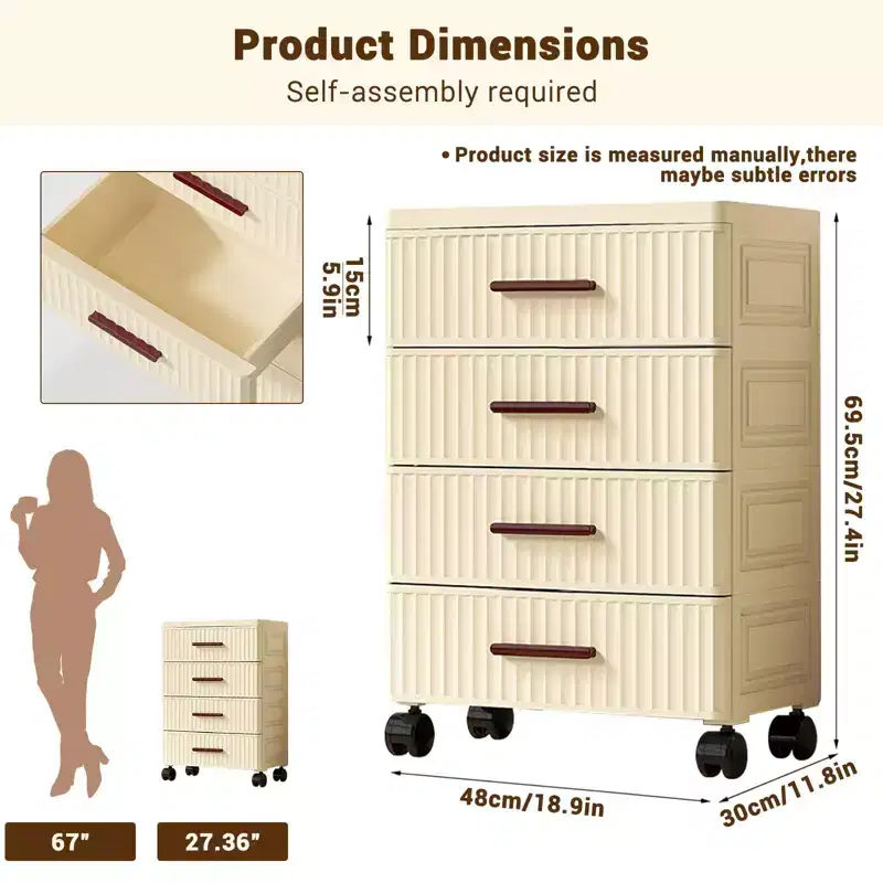 5 Tier Plastic Drawer Storage, Fluted Storage Drawers, Chest of Drawers, Night Stand, Storage Organizer with Wheels