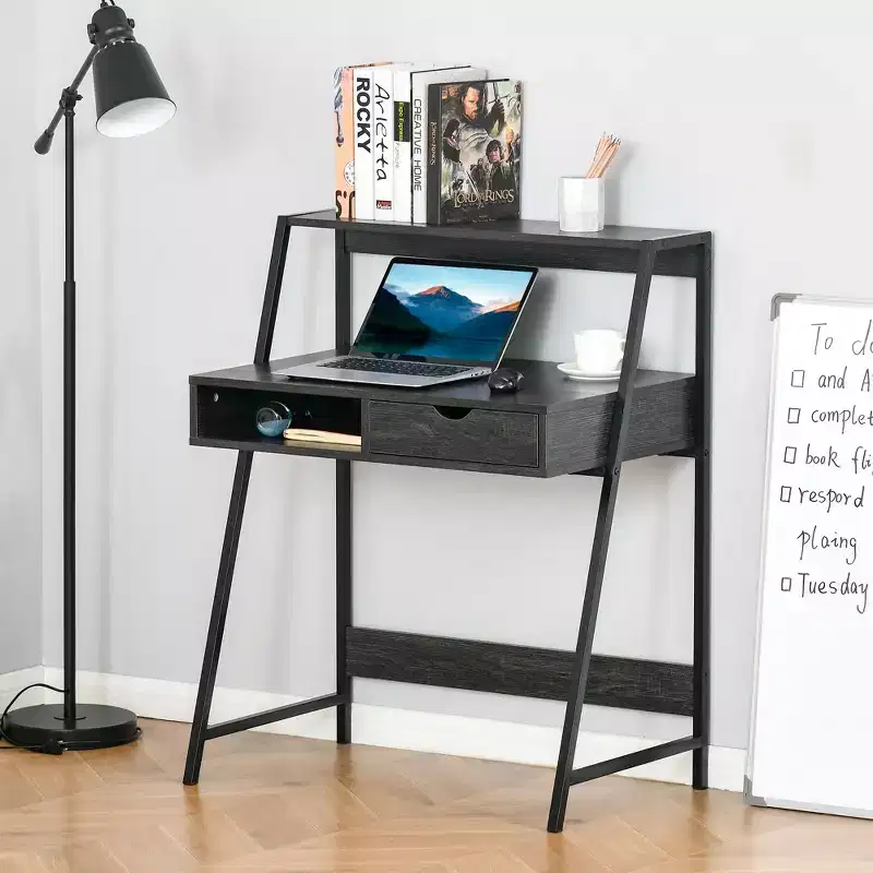 Home Office Desk, Computer Desk for Small Spaces, Writing Table with Drawer and Storage Shelves