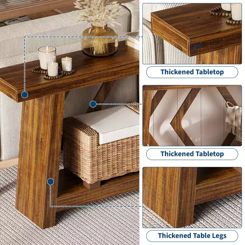 70.9 All-Wood Console Table - 2-Tier Narrow Entryway & Hallway Table - Rustic Brown Farmhouse Sofa Table with Trapezoid Legs