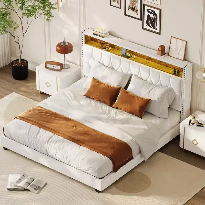 Bed Frame, Upholstered Headboard Platform Bed with Charging Station and Bookcase, No Noise, Easy Assembly Bed Frame with Light, No Box Spring Needed