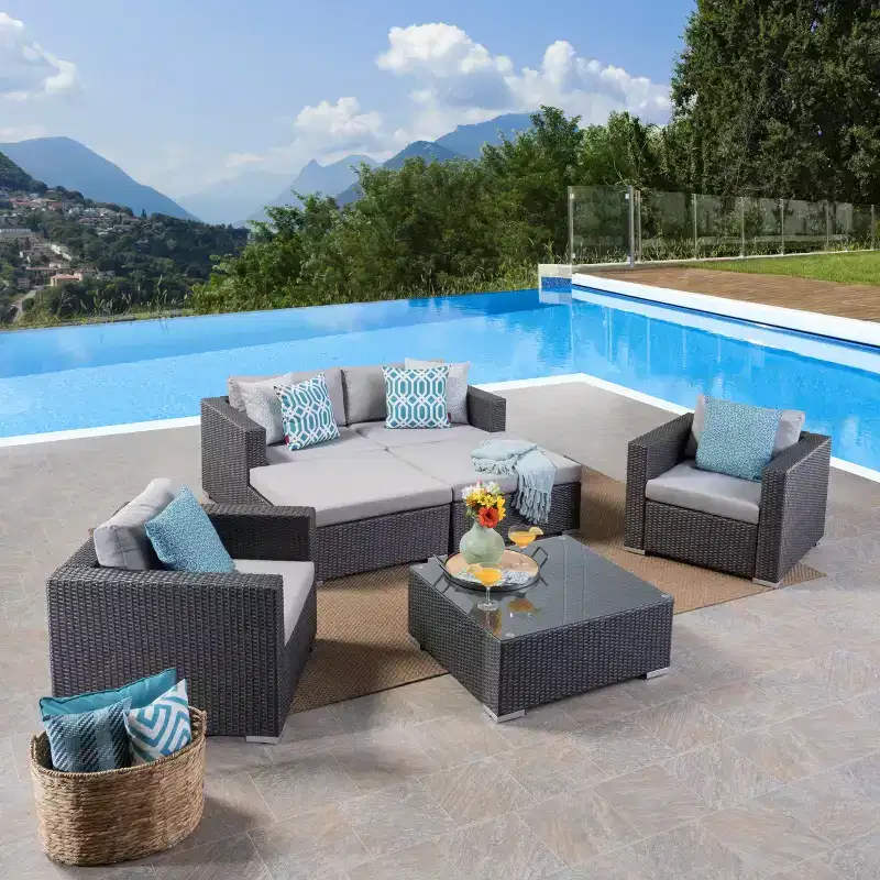Christopher Knight Home Michael 7 Piece Patio Rattan and Aluminum Furniture Conversation Set with Coffee Table and Cushions