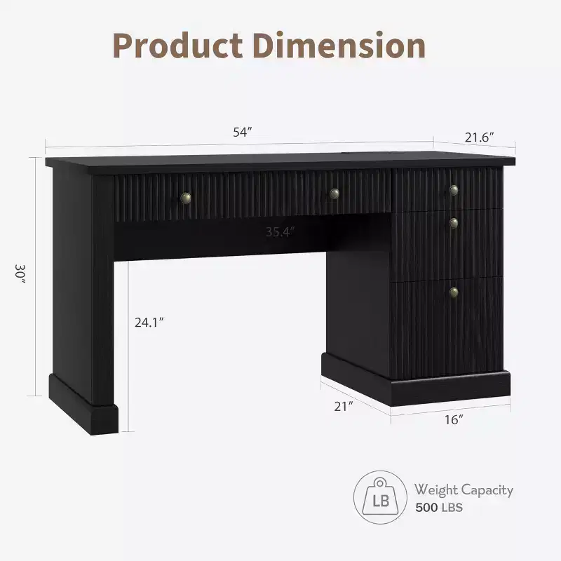 54 Modern Executive Office Desk with Charging Station & File Drawers, Fluted Wood Computer Writing Desk with Storage for Home Study