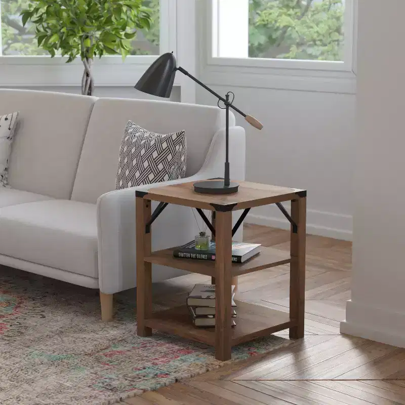 Flash Furniture Wyatt Modern Farmhouse Wooden 3 Tier End Table with Black Metal Corner Accents and Cross Bracing, Rustic Oak