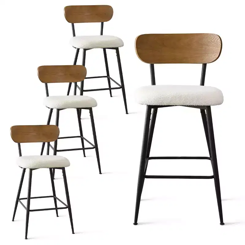 Set of 4 Armless Counter Height Bar Stools with Backs, 27 Cream Boucle Upholstered Island Chairs with Metal Legs - Panipeachy