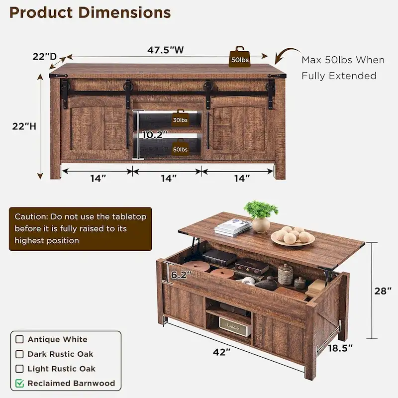 Farmhouse Lift Top Coffee Table, Rustic Wood Center Table