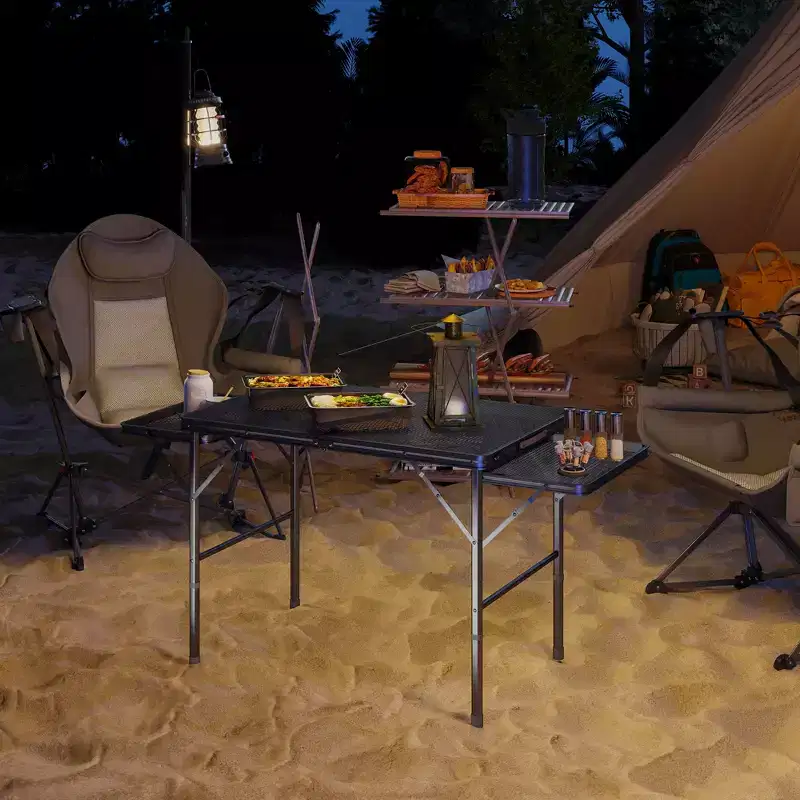 4.5ft Folding Grill Table, Portable Camping Table with 2 Wing Panels and Adjustable Height, Metal, Black