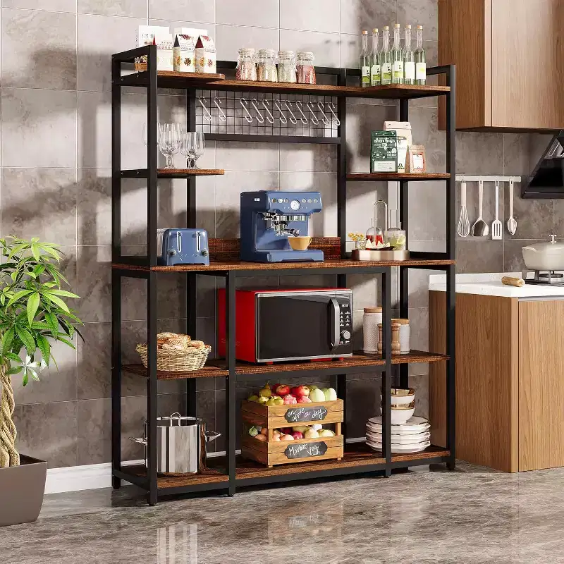 Lantine 55-Inch Kitchen Bakers Rack, 5-Tier Microwave Stand with Metal Frame, Large Coffee Bar Station with 11 Hooks, Rustic Brown