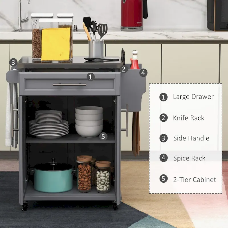 Rolling Kitchen Island on Wheels with Stainless Steel Countertop