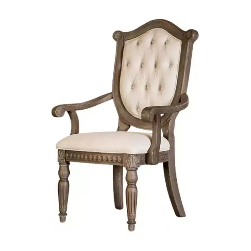 Royal Hampton Dining Armchair Set of 2, Weathered Oak Wood, Tufted Beige Fabric