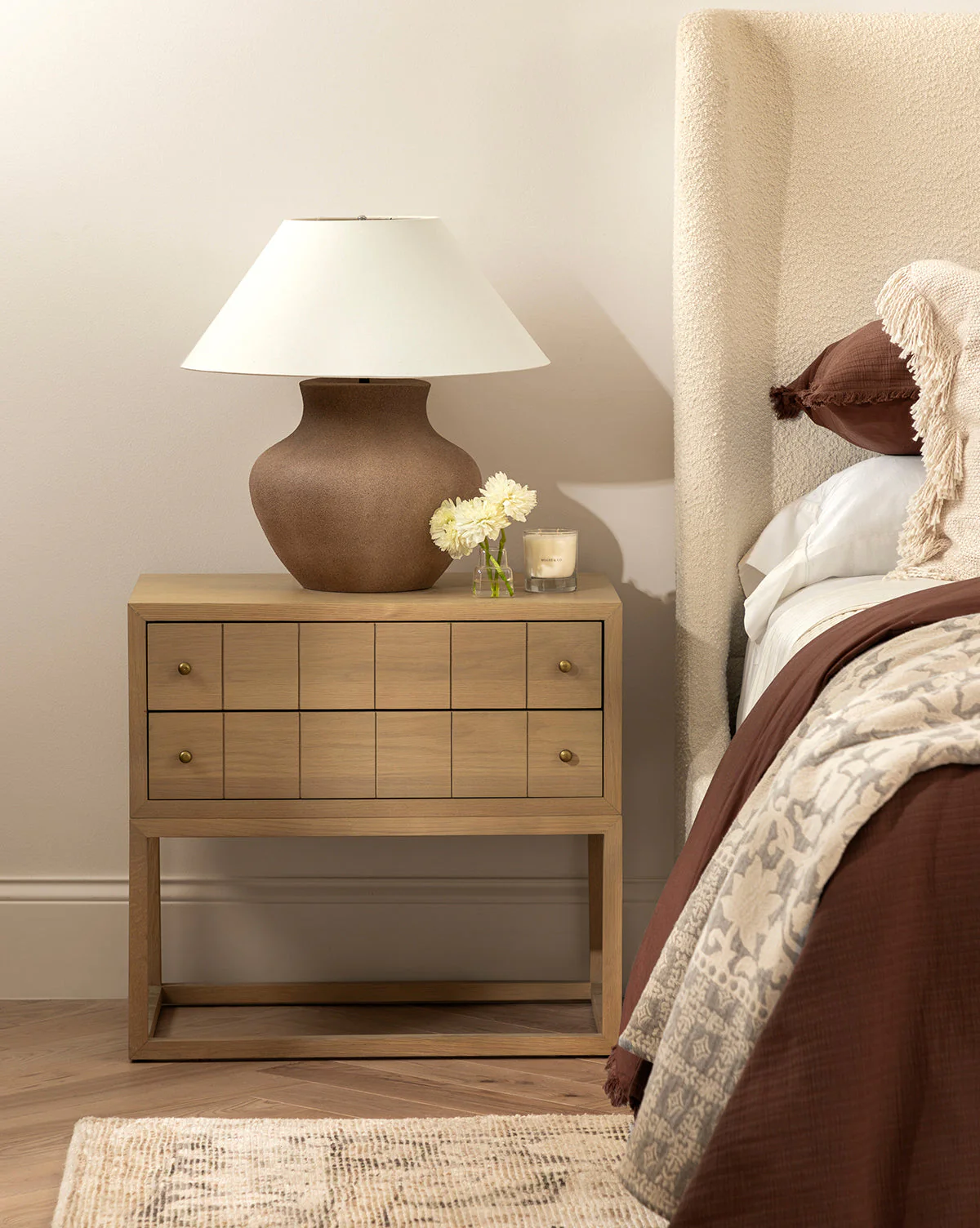 Contemporary Oak Nightstand with Etched Grid Pattern & Brass Pulls for Bedroom