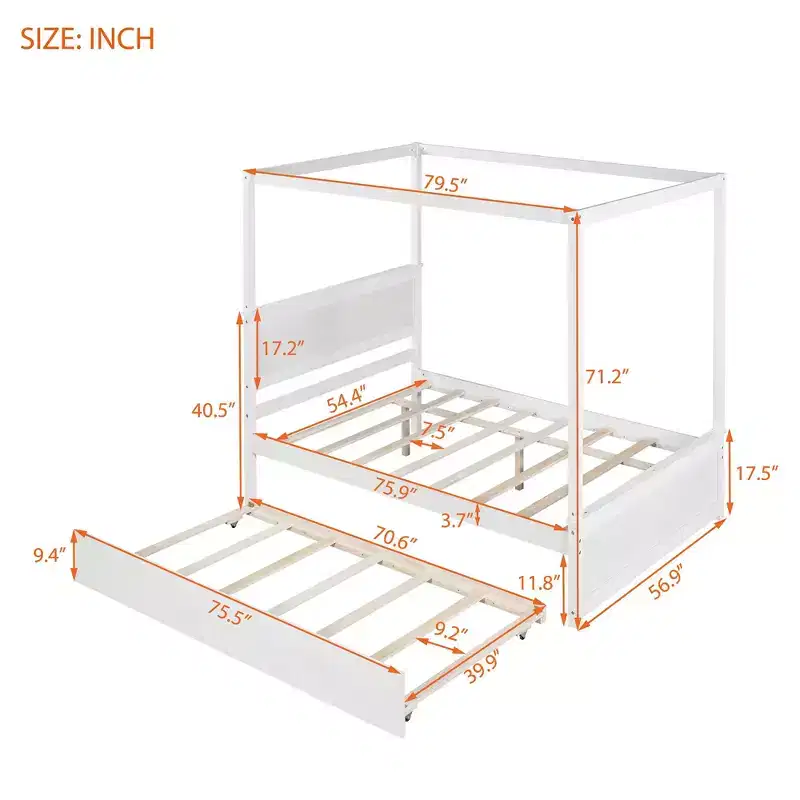 Wood Canopy Bed with Trundle Bed Full Size Canopy Platform bed With Support Slats No Box Spring Needed Brushed White