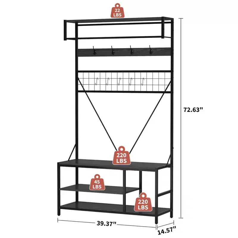 5-in-1 Hall Tree, 72.63 Shoe and Coat Rack with Bench and Hooks for Entryway, Hallway, Bedroom