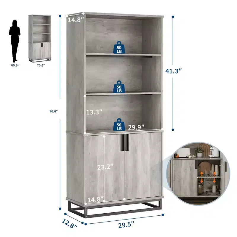 Bookcase with Door, 5-Tier Farmhouse-Style Floor-Standing Display Shelving Unit with Storage Cabinet and Adjustable Shelves, Suitable for Bedrooms