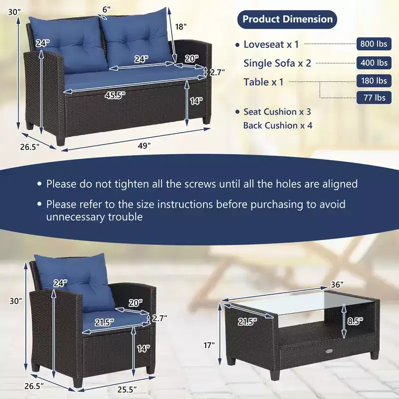 Costway 8 PCS Patio Rattan Furniture Set Glass Table Shelf Sofa Cushion Black/Red/Turquoise/Navy/Gray