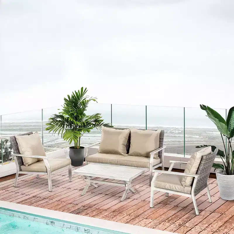4 Pieces Patio Furniture Set with Cushions, Outdoor Wicker Conversation Sofa Sets, Aluminum Frame Sofa Sets for Backyard, Poolside, Garden