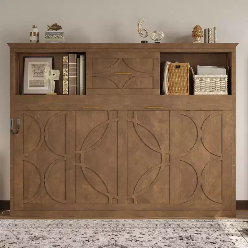 Wood Twin Murphy Bed with Charging Station, Storage Cabinets & Drawer