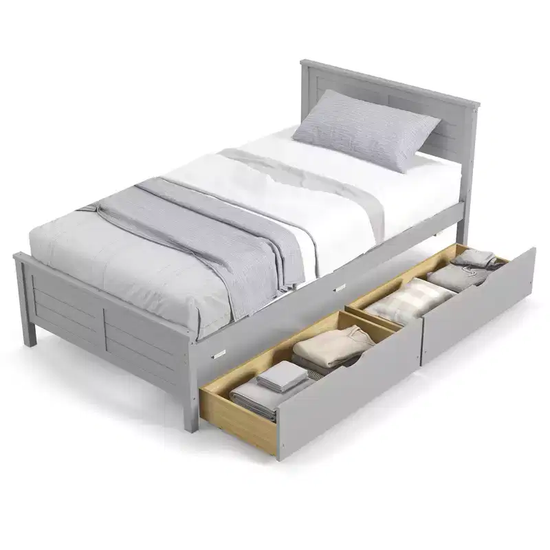 Costway Twin/Full Size Wooden Bed Frame w/ 2 Storage Drawers & Under-bed Storage Gray
