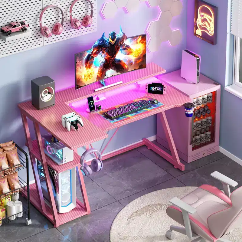 47 inch Pink Gaming Desk Carbon Fiber L Shaped Corner Computer Table with Monitor Stand 3 Tier Storage Shelves Home Office Gamer PC Writing Desk