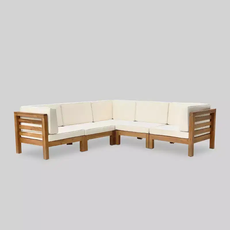 Oana 5pc Acacia Wood V-Shaped Sectional Sofa Set Teak/Beige - Christopher Knight Home: Weather-Resistant, Contemporary Design