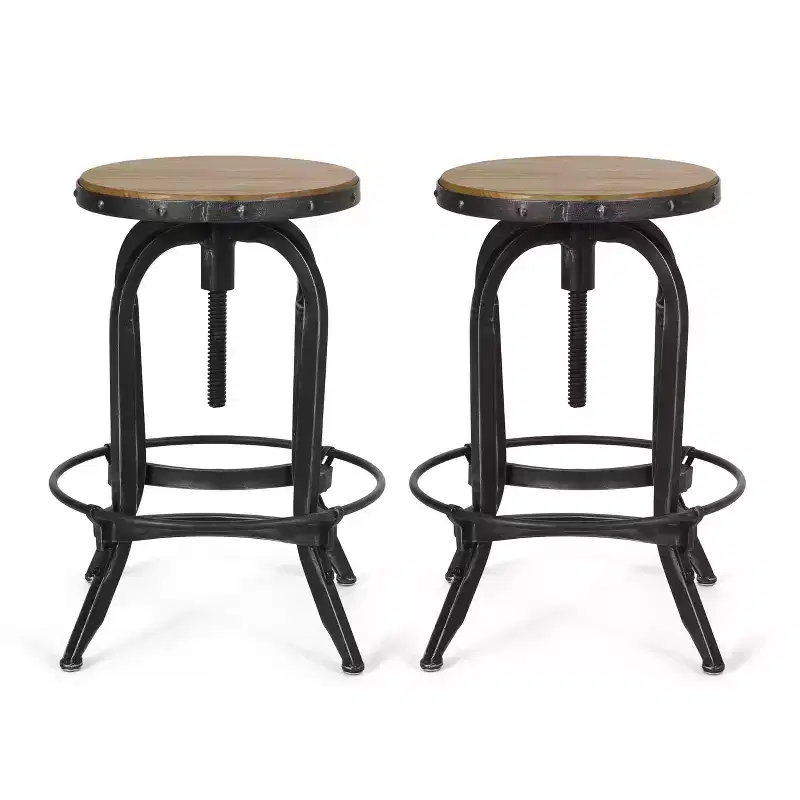 Industrial Fir Wood Adjustable Backless Swivel Barstools (Set of 2)