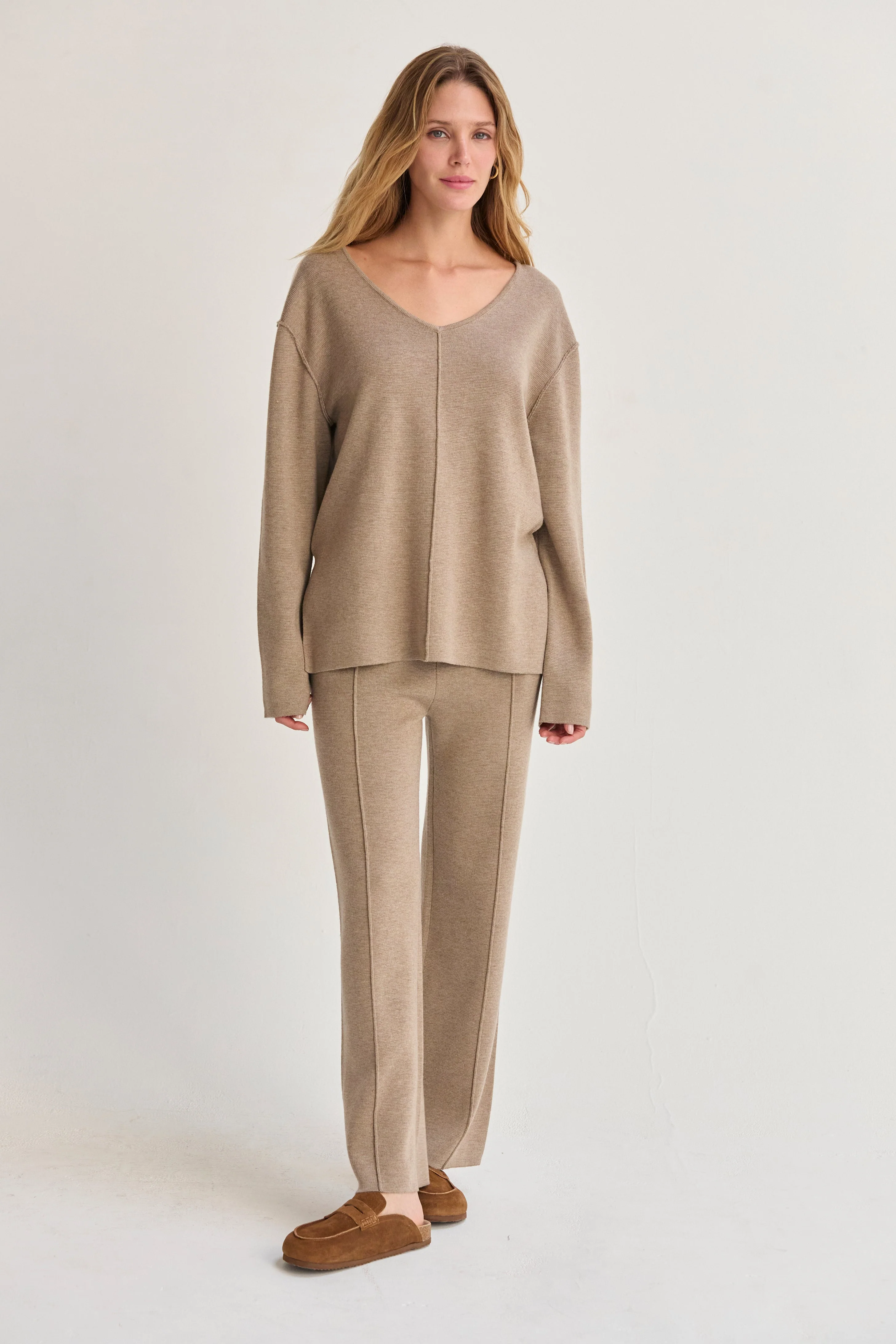 Lounge Sweater Knit Wide Leg Flare Pants with Drawstring Waist