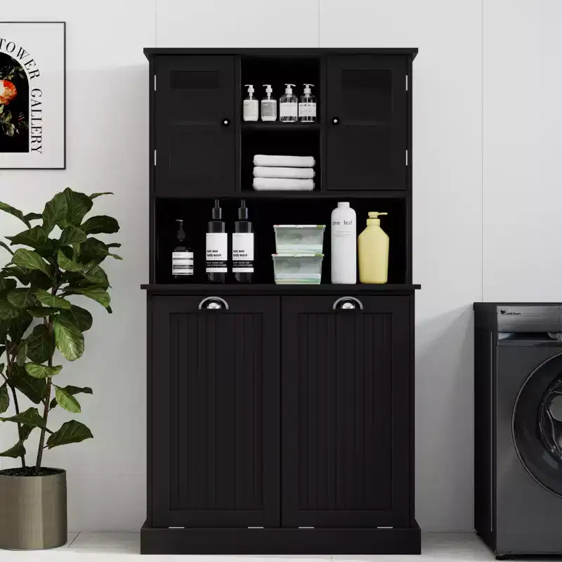 32.68 in. W. x 14.57 in. D x 59.69 in. H Black Freestanding Tilt-Out Linen Cabinet with Adjustable Shelves