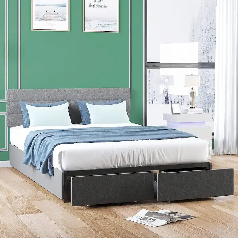 Upholstered Platform Bed Frame with Storage Drawers and Adjustable Headboard – Dark Grey / Beige / Light Grey, Full / Queen / King, 2-Person Use