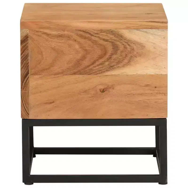 Solid Acacia Wood Side Table with Black Iron Base, 11.8