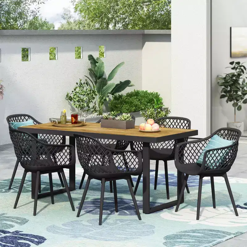 Christopher Knight Home Renata Outdoor Acacia Wood and Resin 7 Piece Dining Set with 70.25 Dining Table, Black/Teak