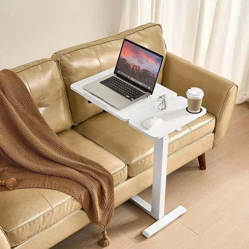 Overbed Table, Height Adjustable Bedside Laptop Desk with Flip Top, Hidden Wheels & Cup Holder, Portable Over Bed Desk for Home Office Study
