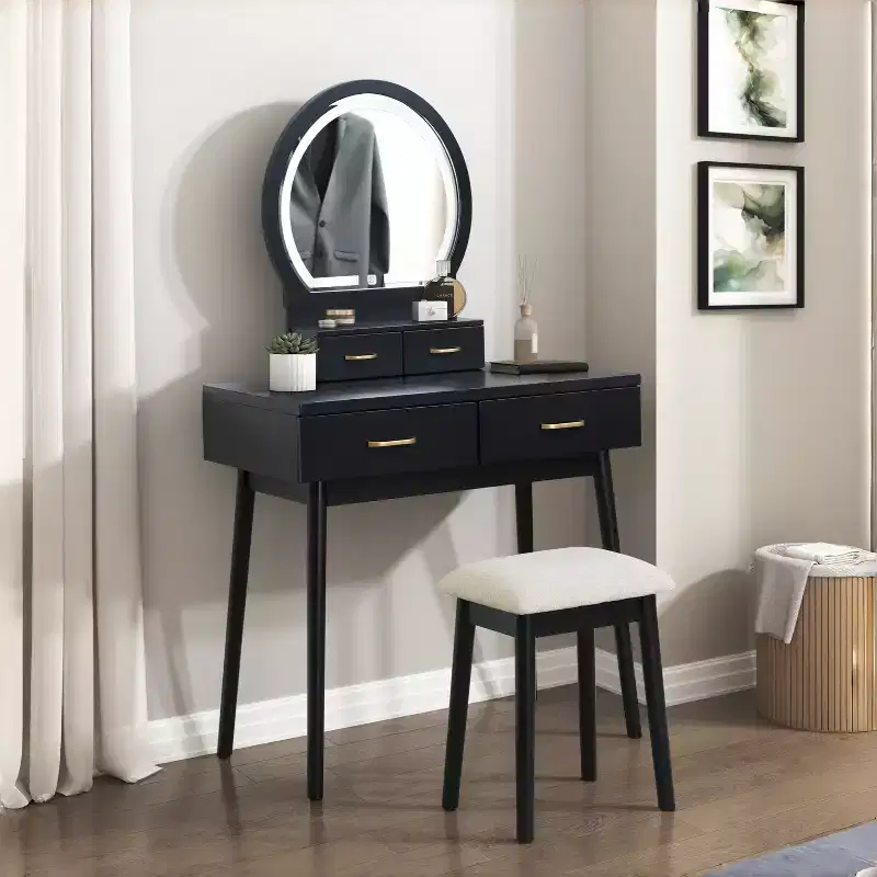GDFStudio Charlotte Modern Wood Makeup Vanity Desk Set with LED Lighted Mirror, Storage Drawers and Stool