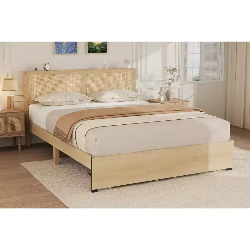 Natural Rattan Headboard Bed Frame with 2 Drawers – Full / Queen / King, 1 Person