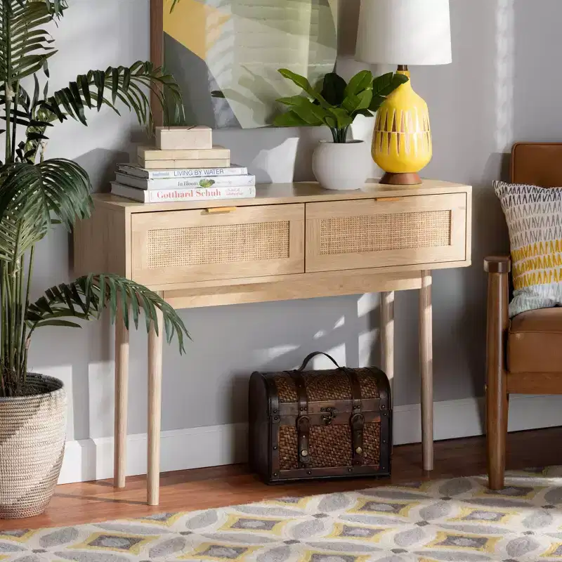 Wood and Rattan 2-Drawer Console Table, Brown with Gold Handles