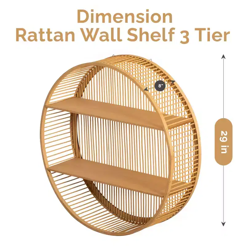 Round Bamboo Wall Shelf with 2 Wooden Tiers Natural Hanging Wall Decor & Floating Display Rack for Home, Living Room, Office