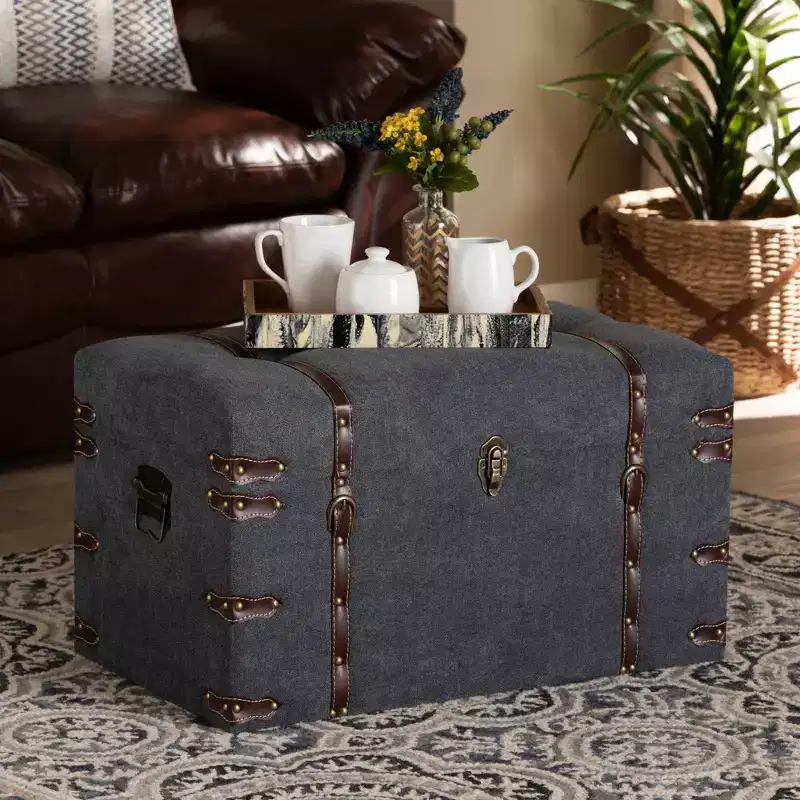Modern Transitional Fabric Upholstered Storage Trunk Ottoman Gray, Lift-Top, Metal Frame, Vintage Style