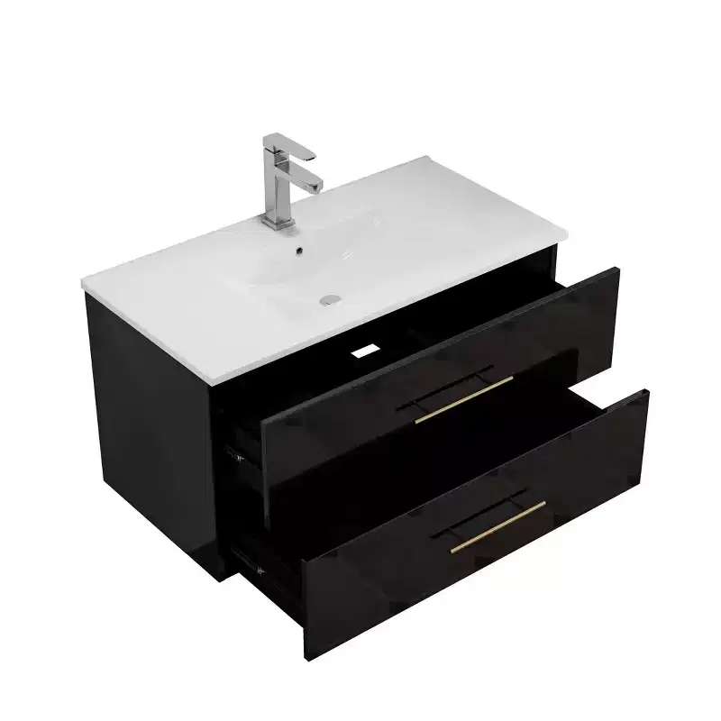 Bathroom Vanity Wall-Mounted with Sink, Double Drawers, Ceramic Sink, Long Metal Handle, Easy to Install