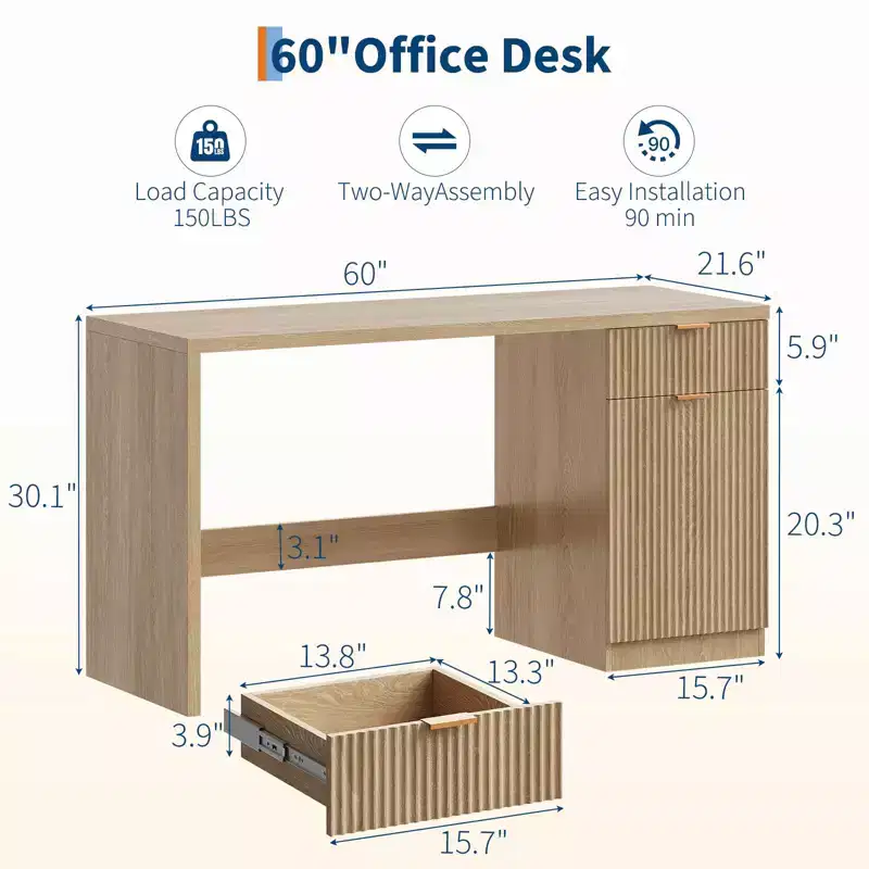 60 Executive Desk w/Storage, Modern Desk w/Drawer & Cabinet, Wood Fluted Computer Desks Workstation Writing Conference Table for Study, Natural Oak