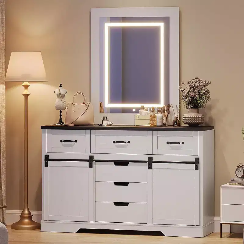 Brown White 6-Drawer Dresser with Sliding Barn Doors – 1 Person